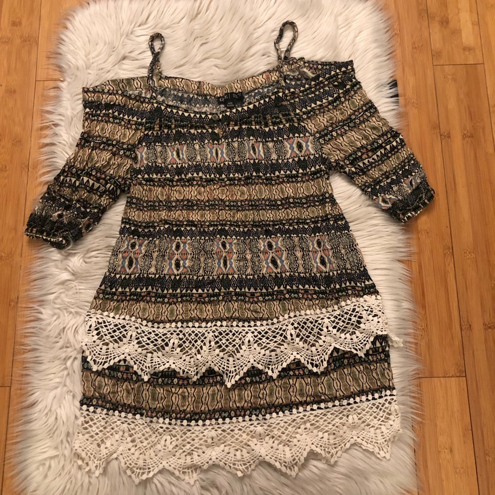 Anthropologie Gypsy 05 Boho Geometric Tribal Lace Off Shoulder Swing Dress XS